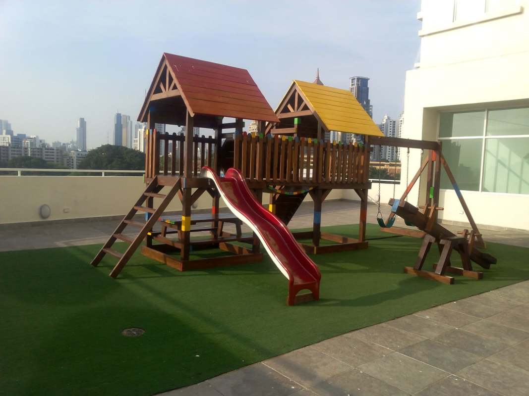 Clean bathroom with tile walls sink mirror Edison Park Panama rental