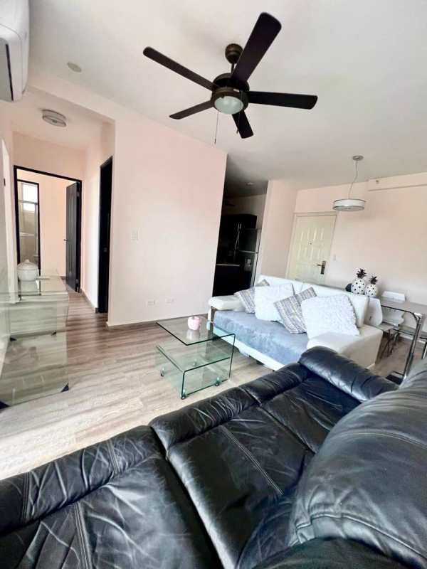 Open living dining area with balcony access, ceiling fan, AC at PH El Doral Hato Pintado Panama