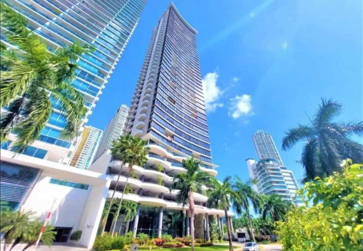 City skyline, ocean and park as seen from Panama Bay Tower in Costa del Este Panama
