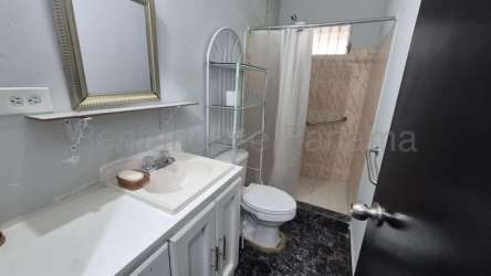 Bathroom with single vanity, glass shower enclosure and wall mirror in David Panama