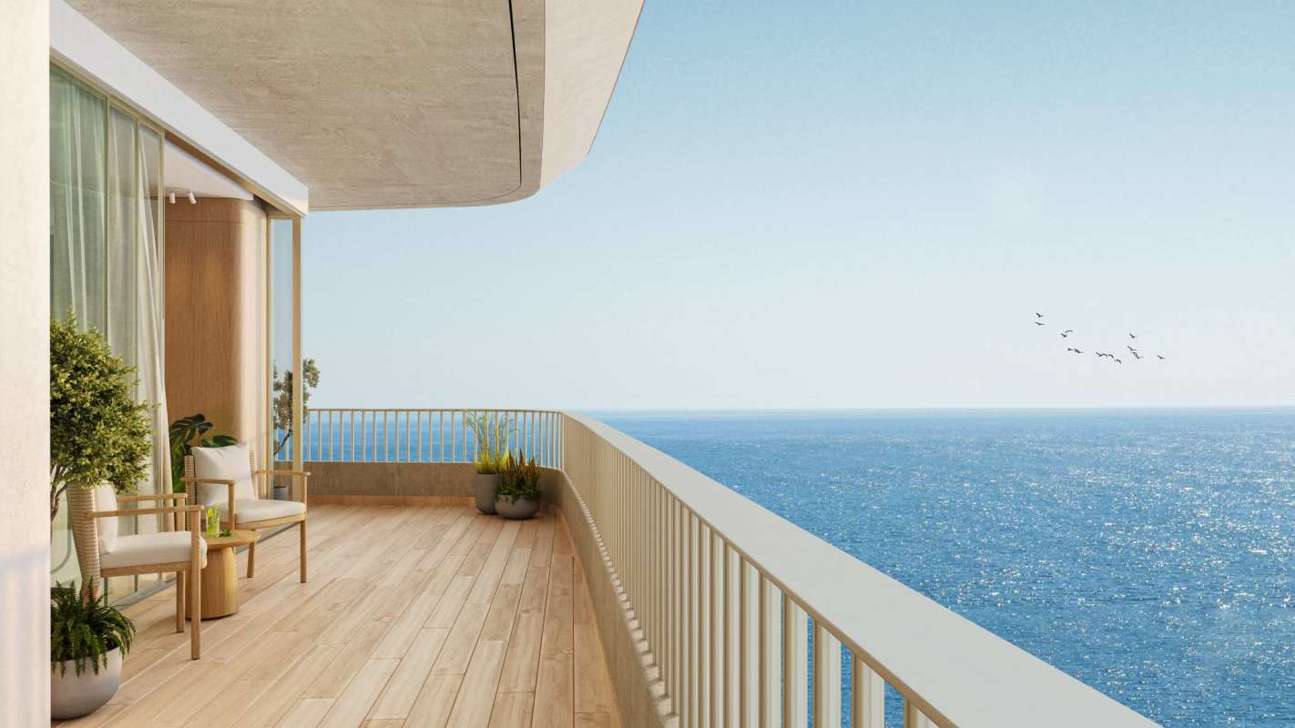 Spacious balcony with wood accents and oceanfront view Costa del Este apartment Panama