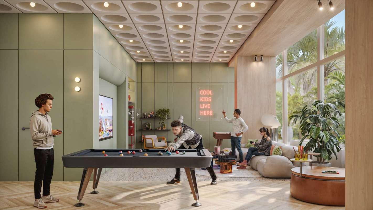 Resident game room with pool table and lounge Costa del Este Bayside Tower Panama