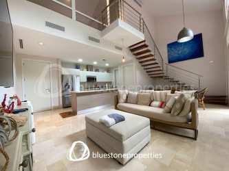 Open kitchen design with island, stainless steel appliances in Buenaventura Panama luxury loft apartment