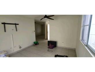 Bright living room with tiled floor, neutral walls, ceiling fan, large window in Las Olas community
