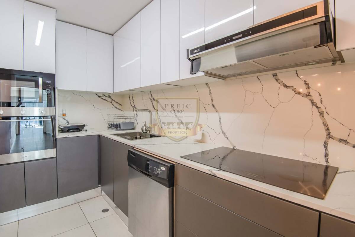 Luxury bathroom marble double sink bathtub shower at Yacht Club Tower Panama