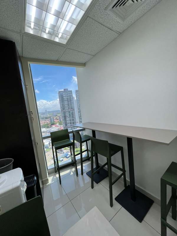 Small kitchen and break area with view in PH Financial Park corporate space Panama
