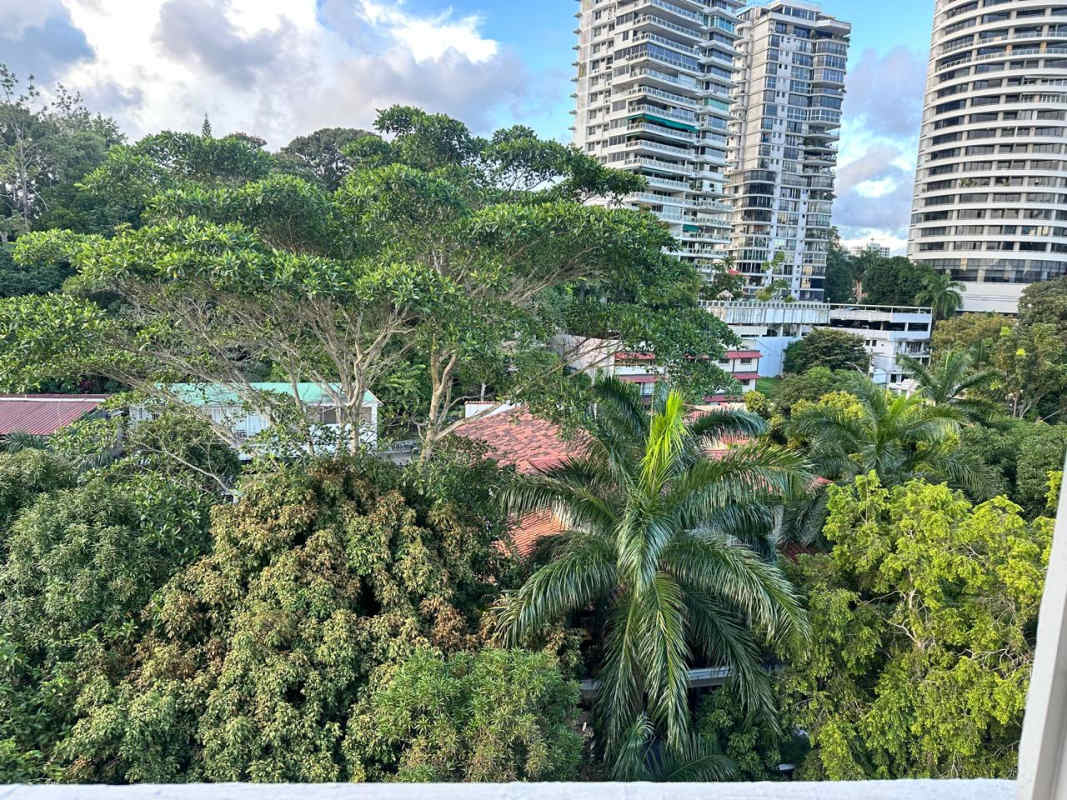 View of Panama City skyline and greenery from PH Bella Vista Garden apartment balcony