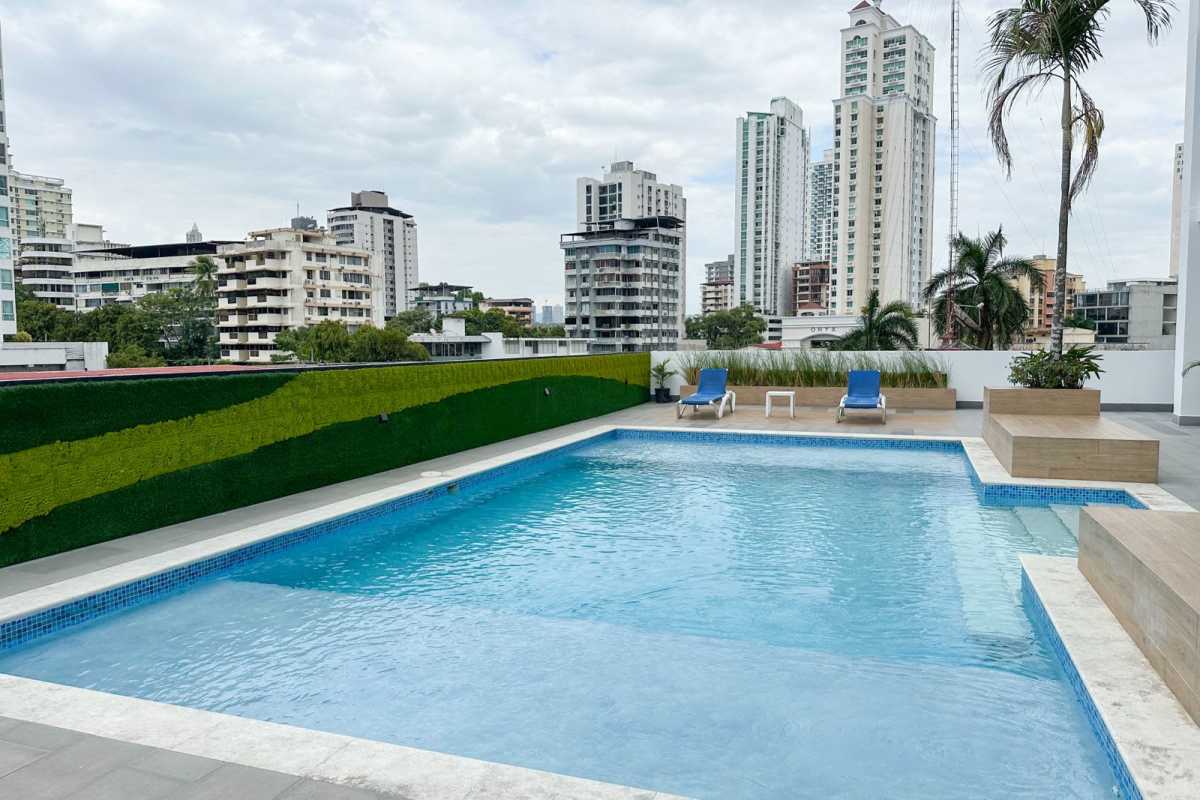 Swimming pool with city skyline background at PH Zaphiro in El Cangrejo Panama City