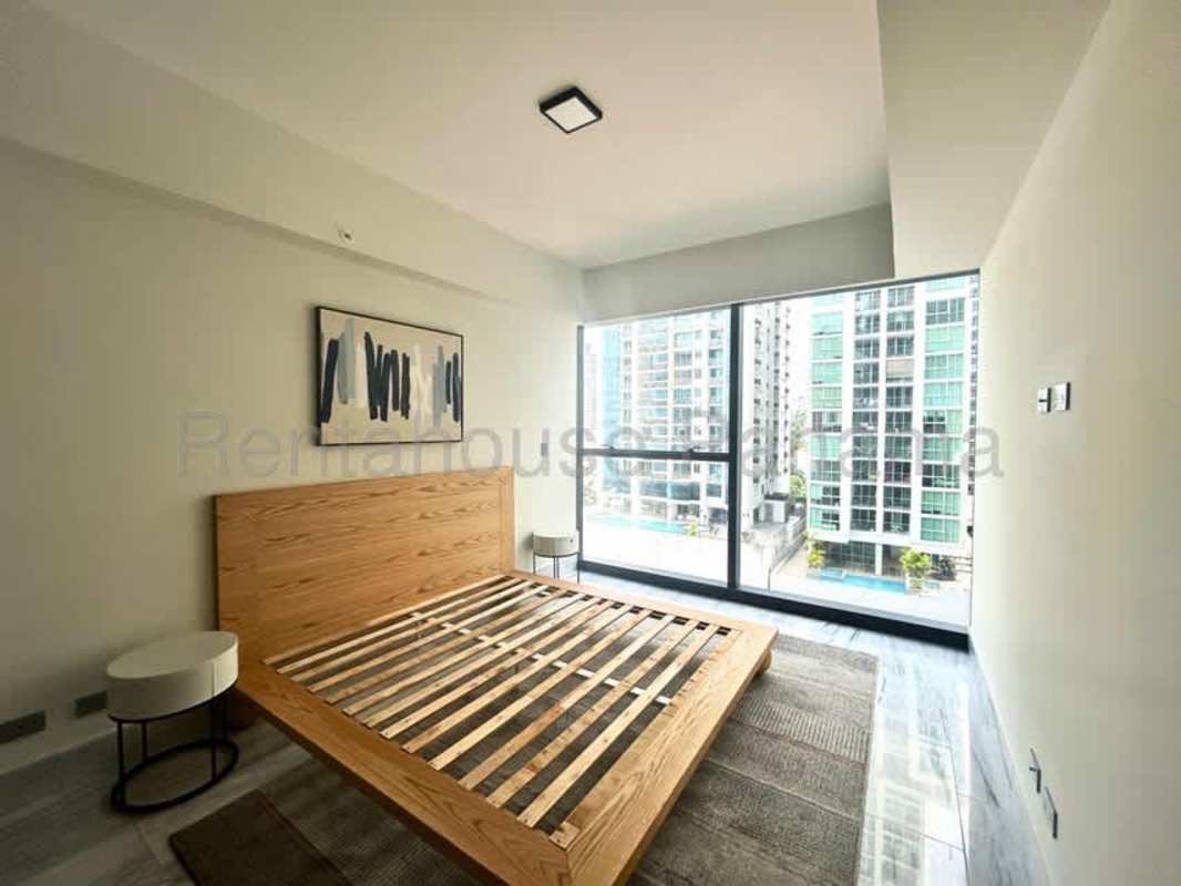 Modern bedroom floor to ceiling window city view Nuovo by Armani Casa luxury Panama