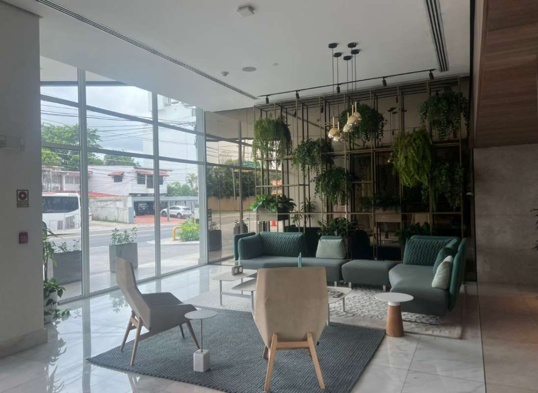 Modern lobby lounge filled with light and biophilic design in PH Coco del Mar Panama