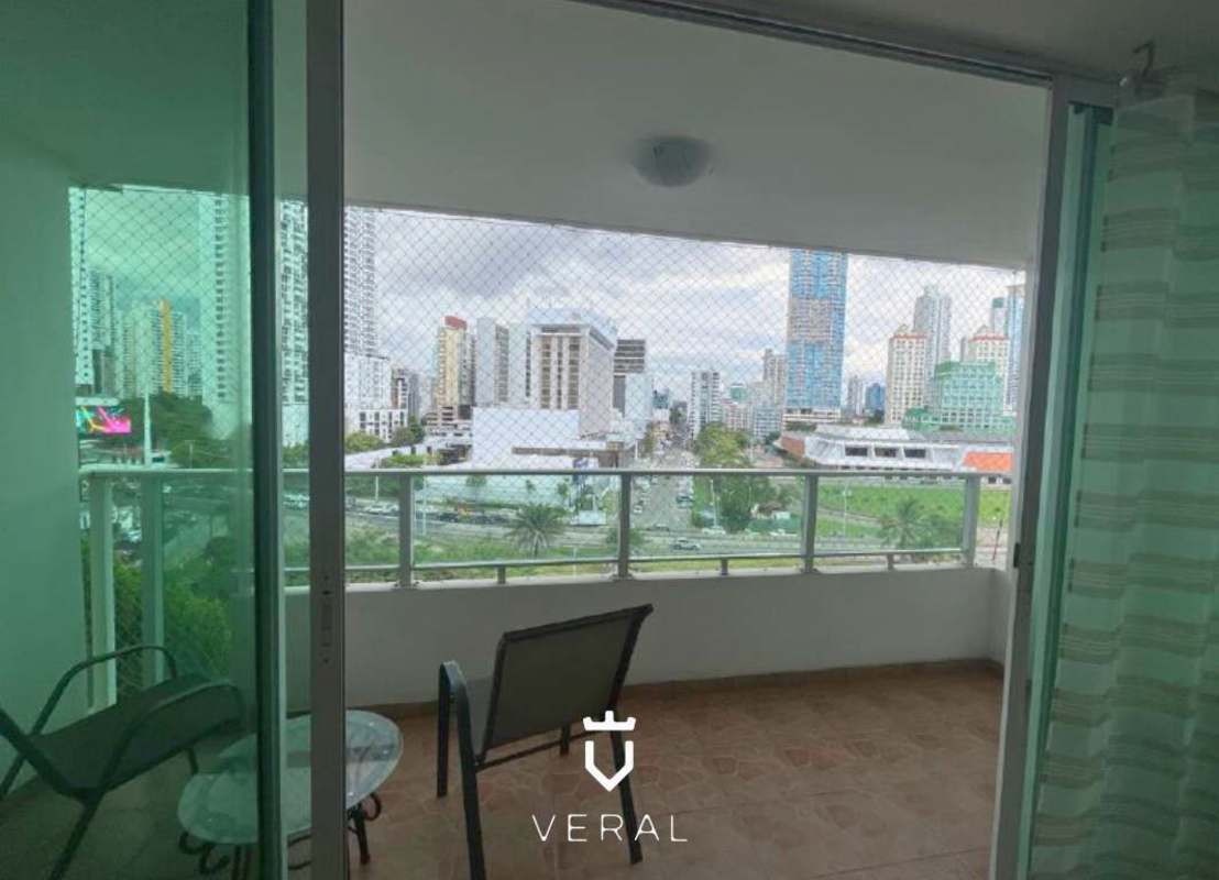 Apartment balcony with skyline view glass railing safety net at PH Terramar near ATLAPA Panama City