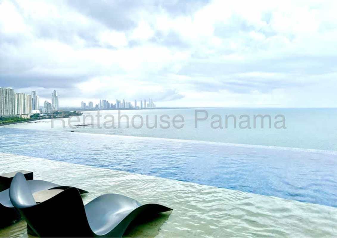Luxury infinity pool overlooking the Pacific Ocean in Punta Pacifica Panama City