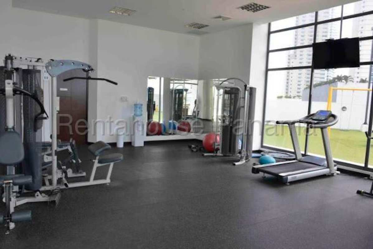 Condo gym with exercise machines, cardio equipment, large windows Costa del Este Panama