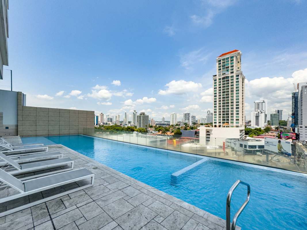 Infinity swimming pool on rooftop with ocean and city views at The Towers Punta Pacifica