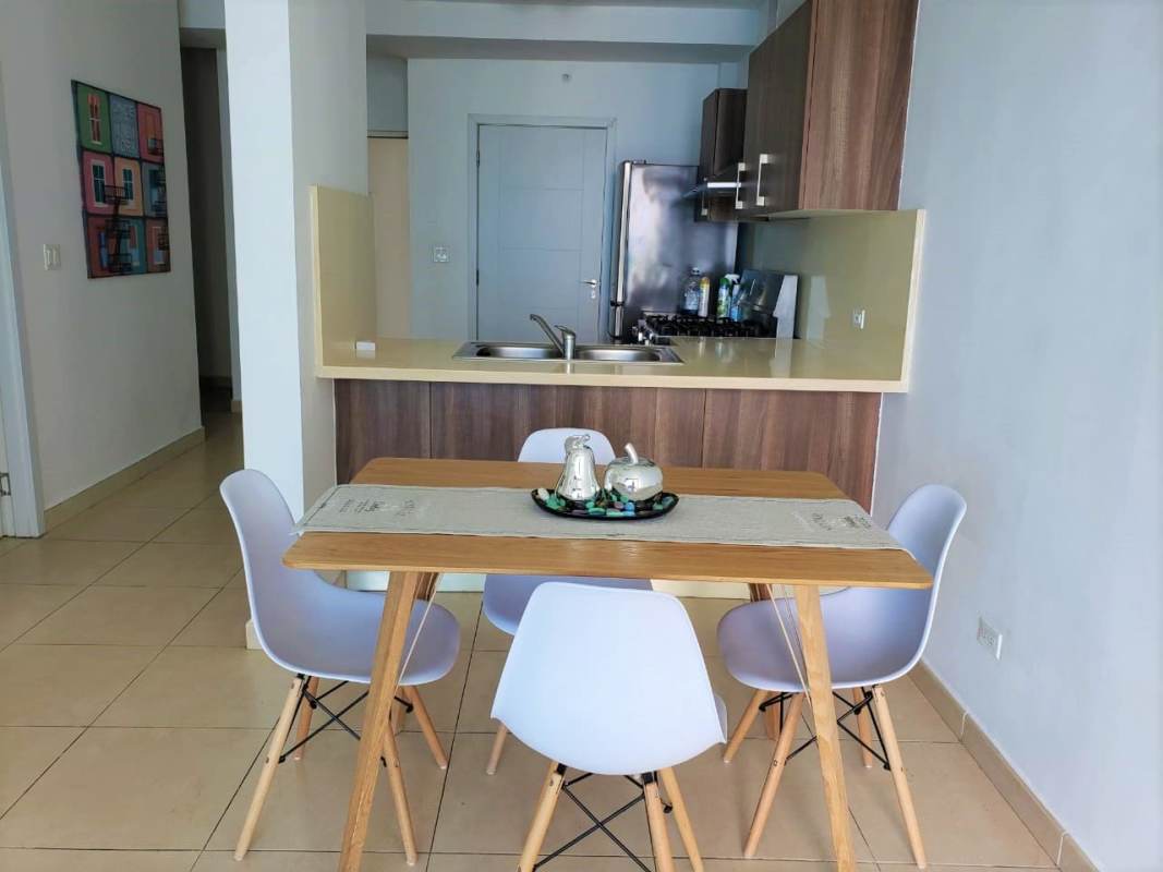 Elegant bathroom with glass shower in furnished Punta Pacifica apartment