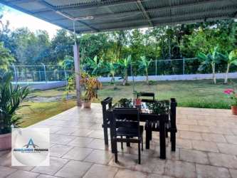 Fenced backyard with lawn, banana trees, and patio at furnished rental house Los Algarrobos