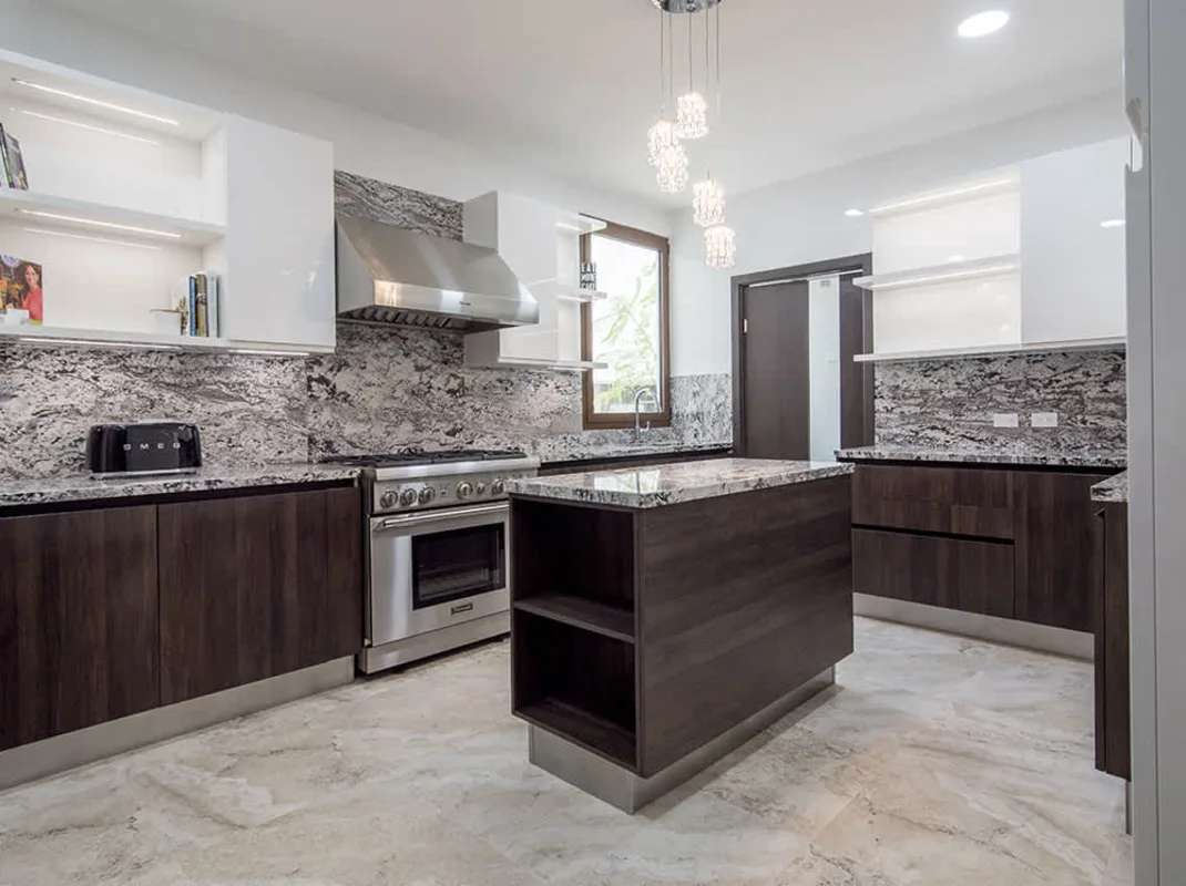 Luxury kitchen with granite counters, stainless steel appliances, island in PH The Colonial Panama