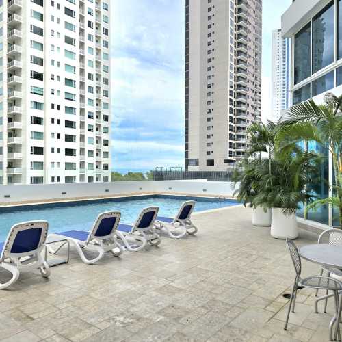 Infinity swimming pool deck at PH Titanium with ocean backdrop Costa del Este Panama