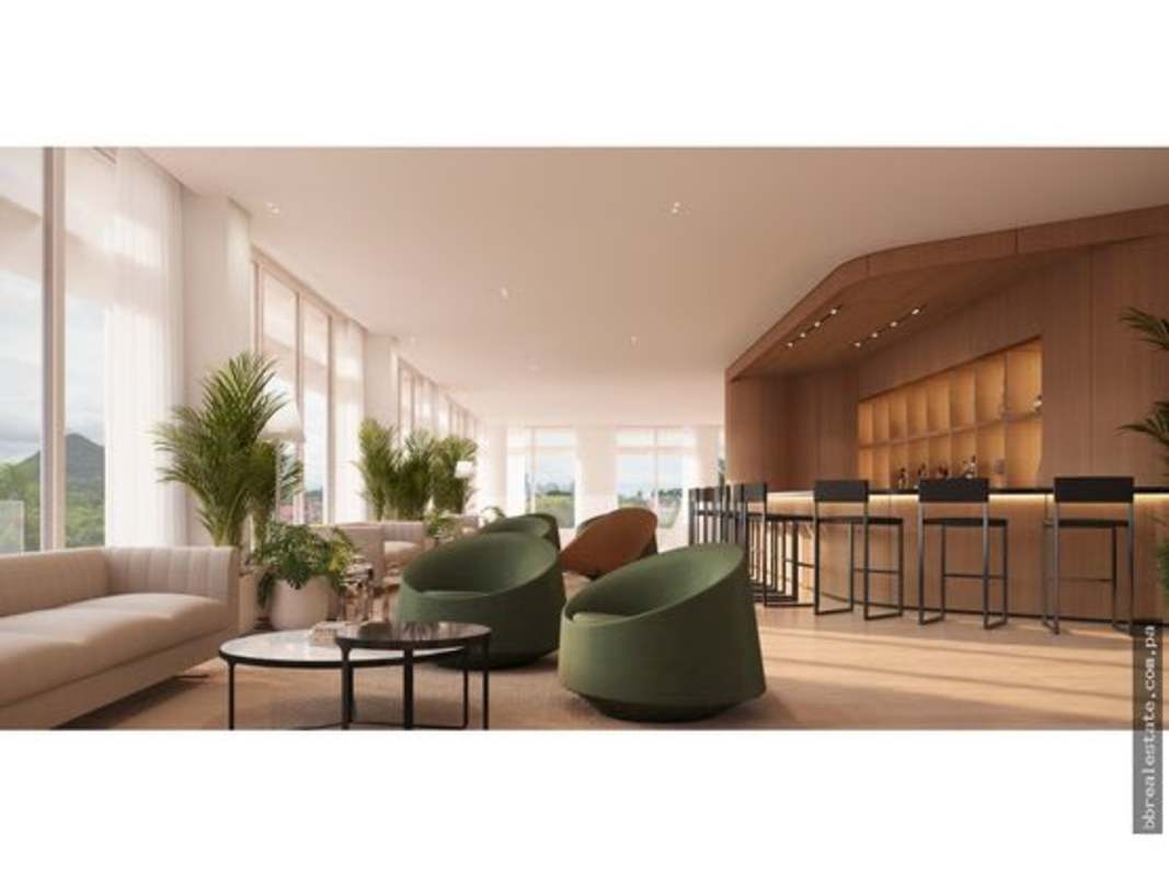 Modern lounge bar area with panoramic windows, bar counter and lounge seating in PH Nautilus Panama