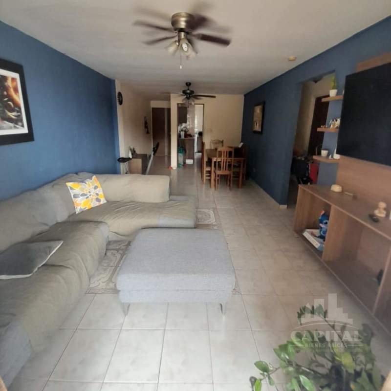 Bright living dining room in PH Terrano with blue accent wall, modern furniture and ceiling fan, Rio Abajo Panama