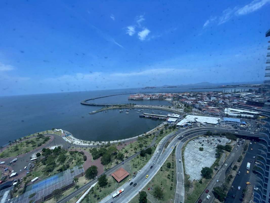 Aerial of Panama coastal skyline promenade marina PH BICSA Avenida Balboa