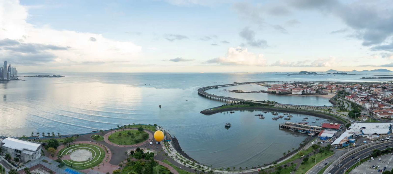 Aerial panoramic with skyline, oceanfront, Cinta Costera by PH BICSA