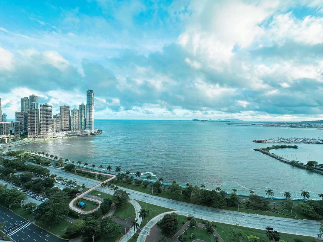 Aerial view of Panama City skyline and Cinta Costera from Yoo Panama tower on Avenida Balboa