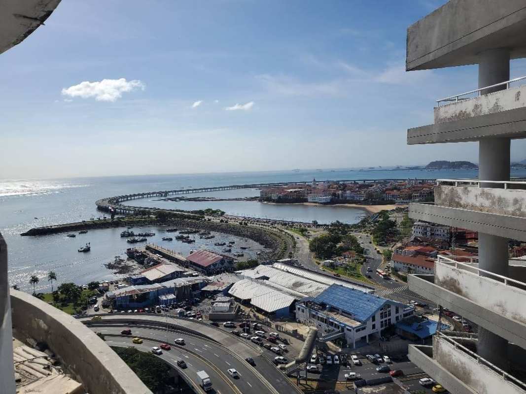 Balcony curved panoramic view ocean Casco Viejo city lights PH Bay View Panama