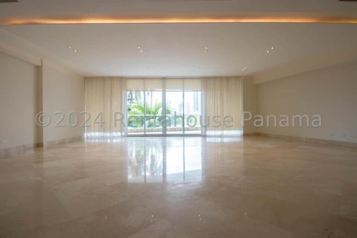 Spacious marble bathroom with double sink vanity, large mirror, glass shower PH Ocean Lux Punta Paitilla