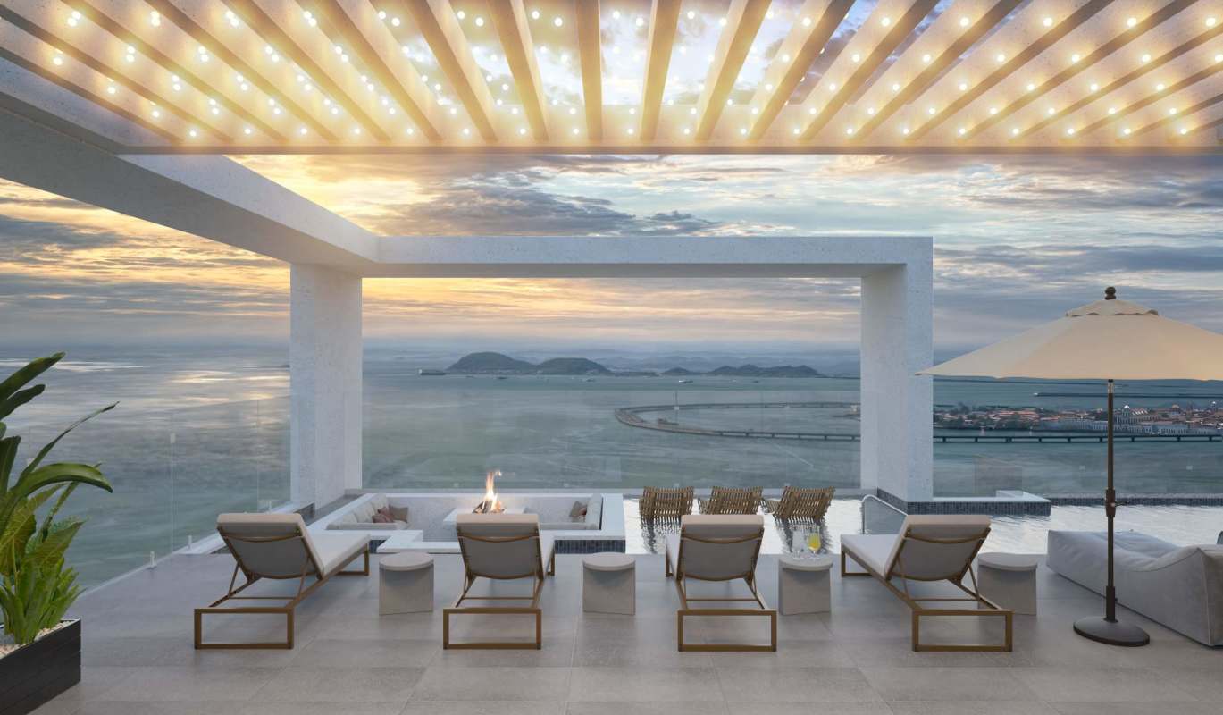 Modern kids play area with slide ball pit large windows PH Costanera Aqua Panama City