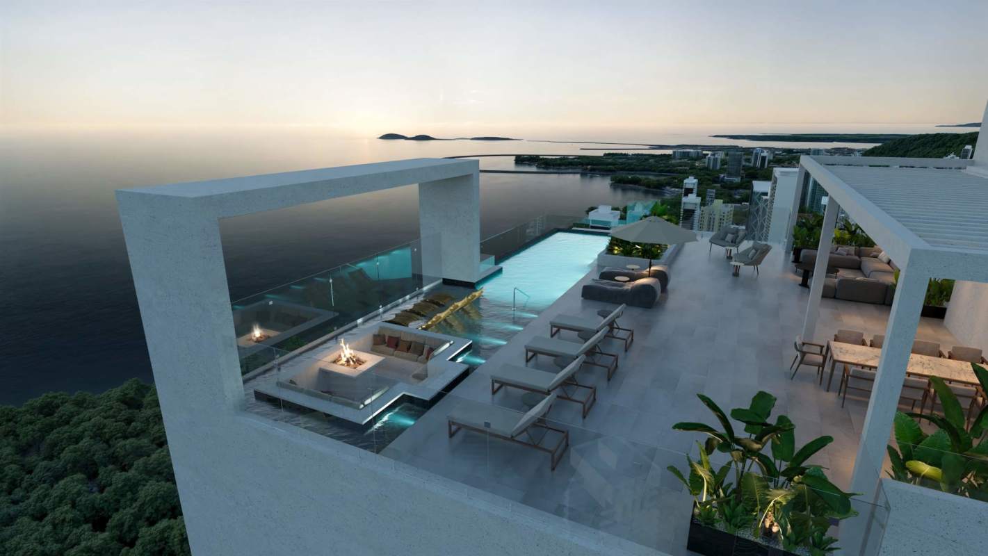 Luxury rooftop terrace with infinity pool, lounge areas, ocean views PH Costanera Aqua Panama City