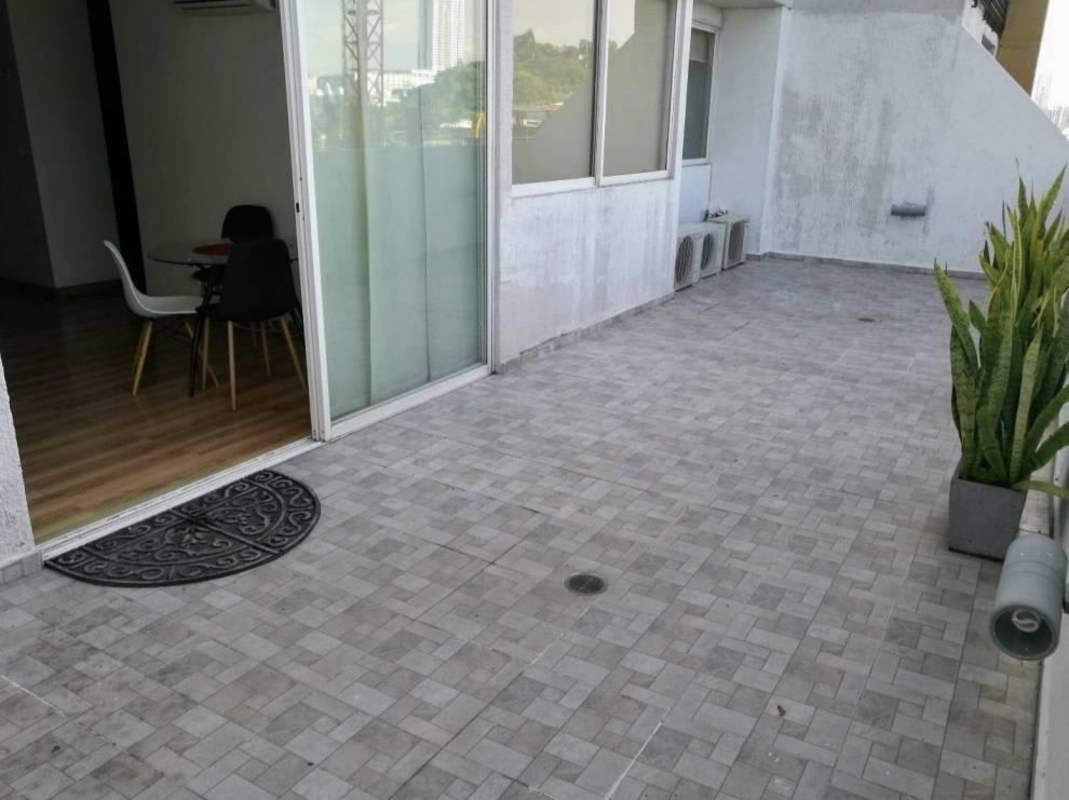 Large private terrace tiled with partial city views PH Alsacia Towers rental Betania Panama