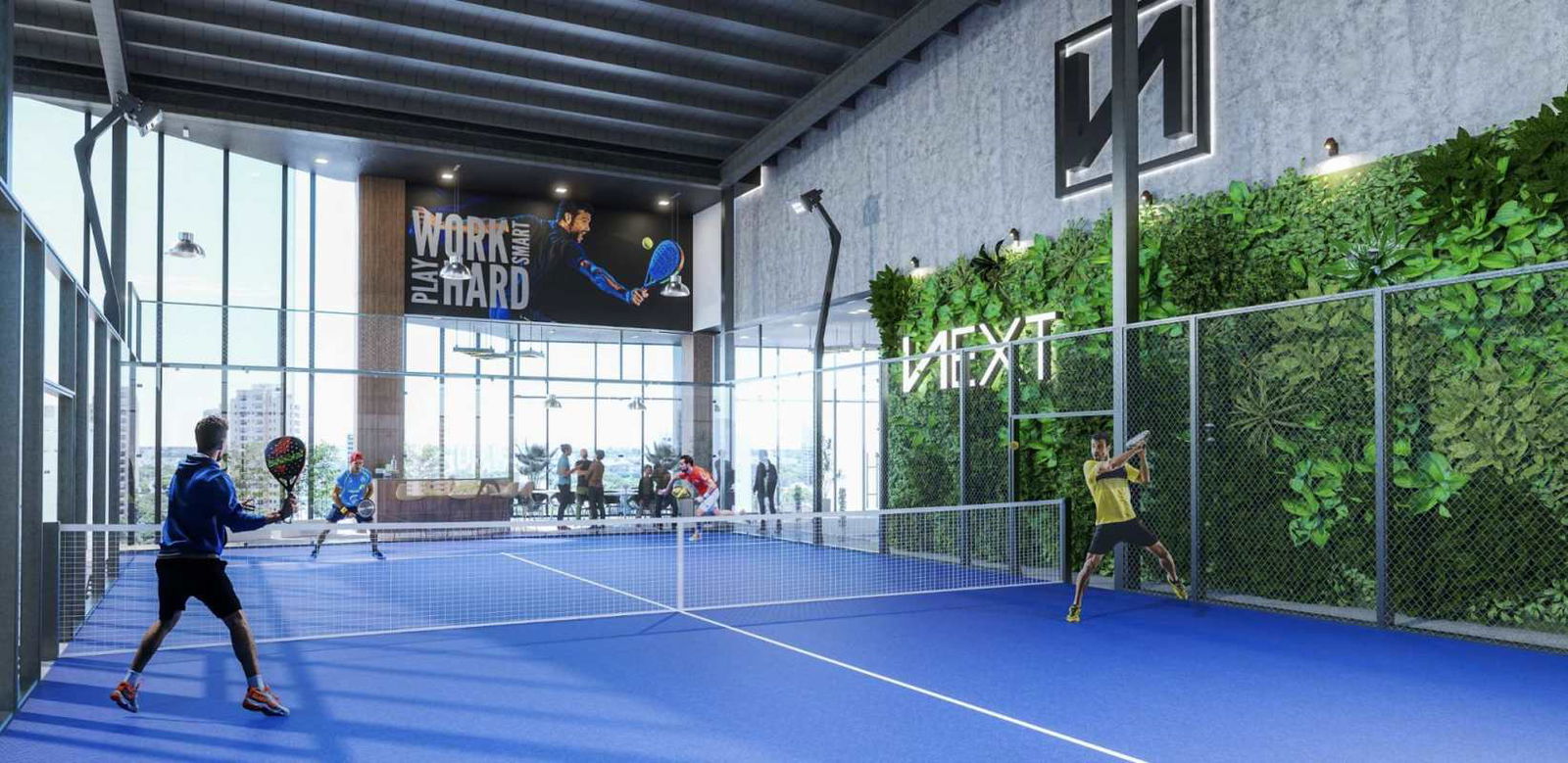 Luxury indoor paddle court NEXT Tower Coco del Mar city skyline view gym amenities