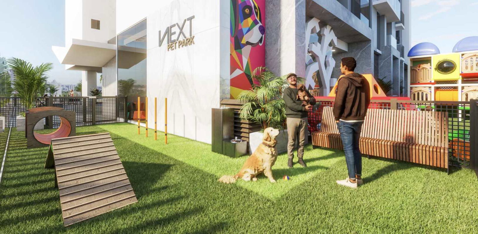 Pet friendly park agility course colorful mural NEXT Tower Coco del Mar Panama