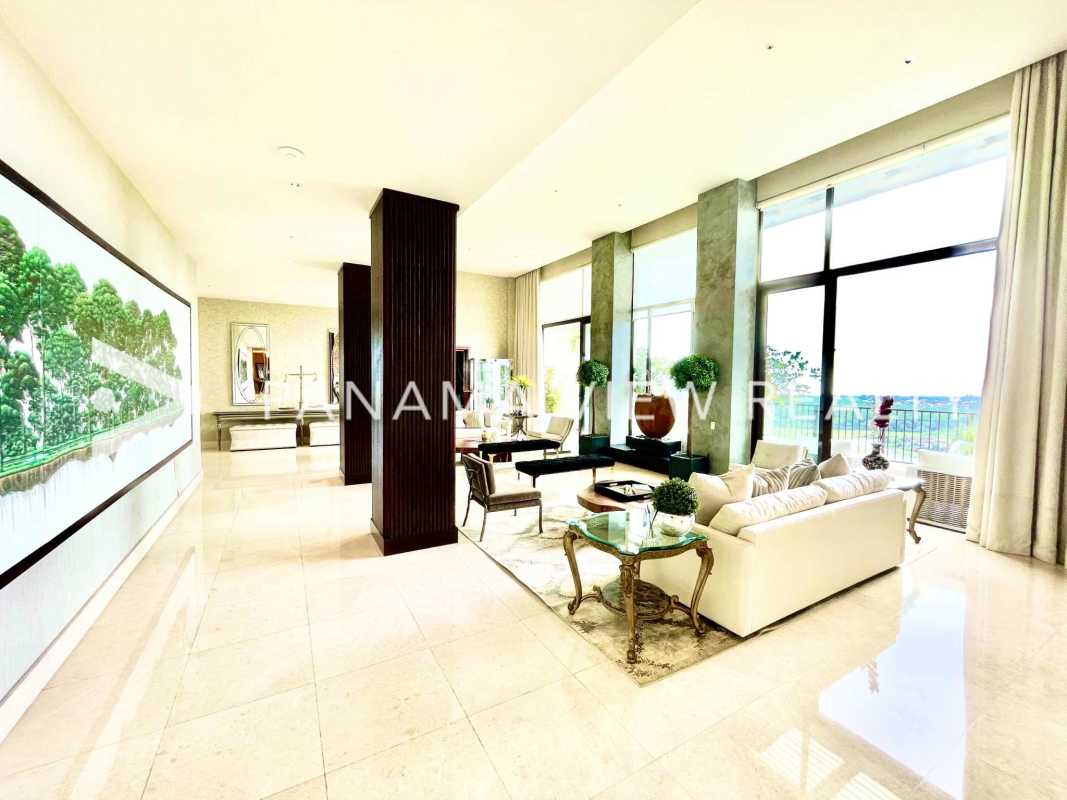 Designer marble kitchen with island stainless appliances wine fridge penthouse Santa Maria Court Panama