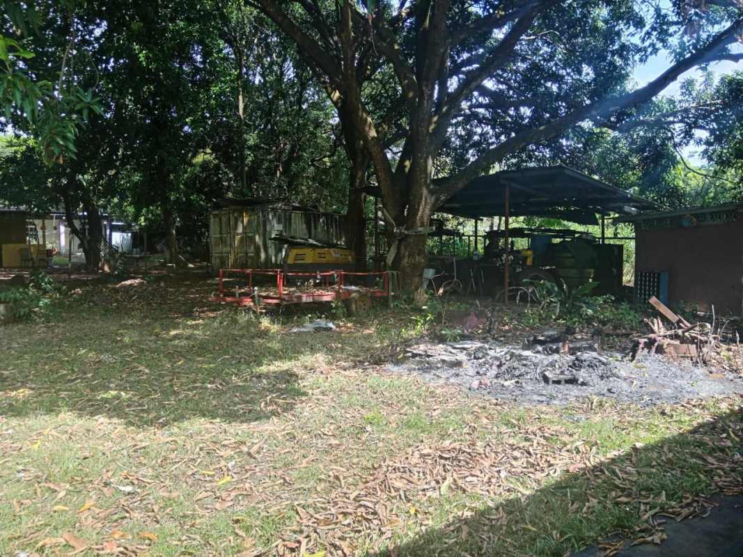 Open rustic yard with metal roofed shed mature trees and equipment Panama country property