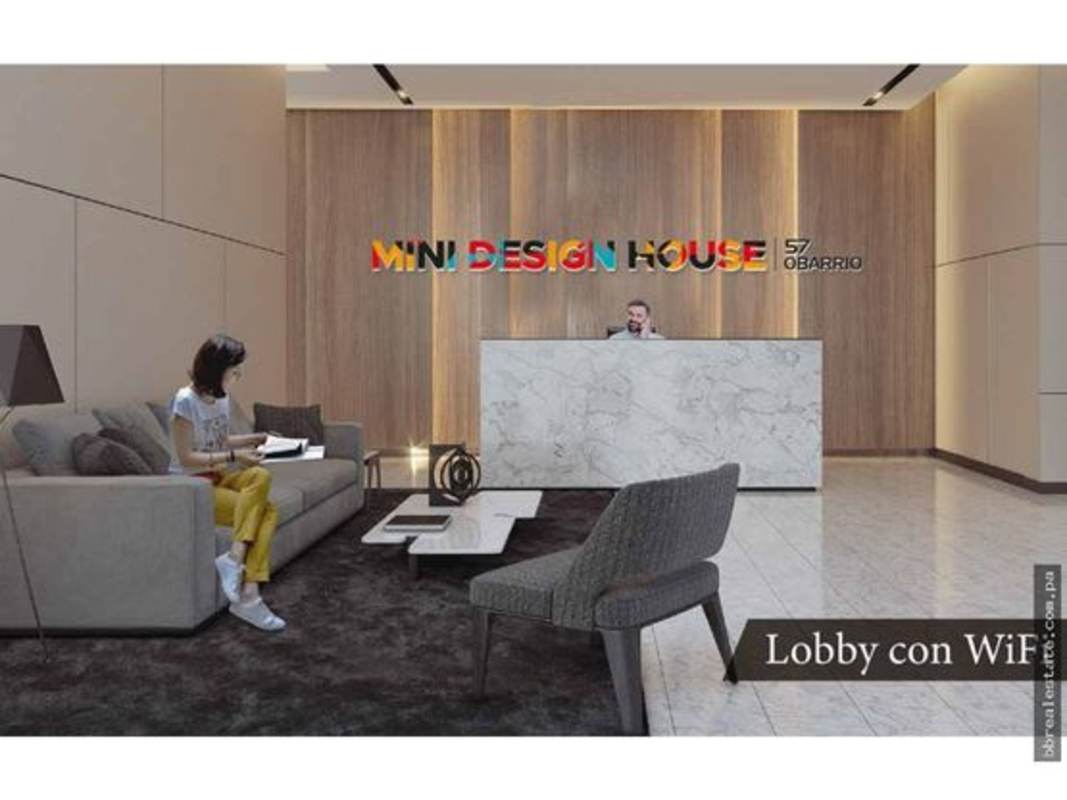 Stylish lobby with marble reception desk, contemporary decor at PH Mini Design House Obarrio Panama City