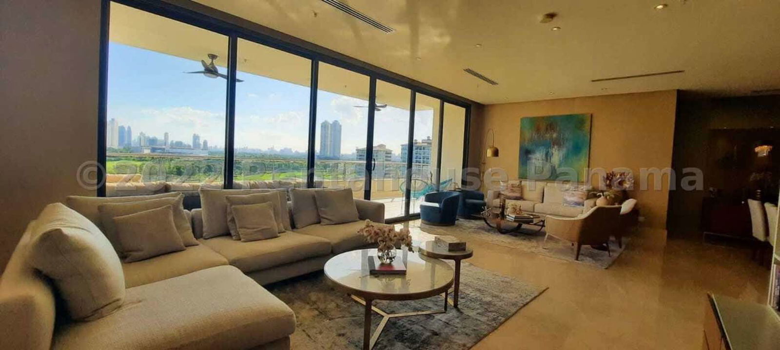 Spacious balcony terrace overlooking Santa Maria golf course and Panama City skyline in PH La Vista