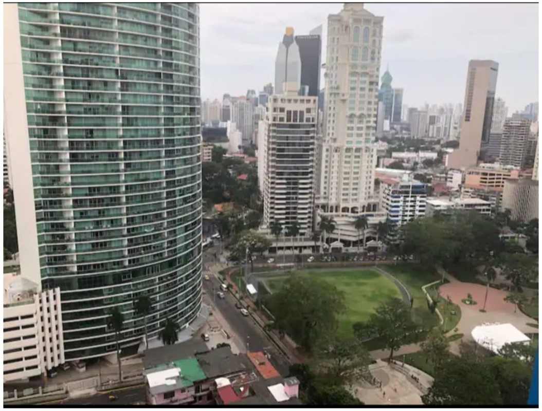Aerial of Panama City modern high-rises around Bella Vista with green park