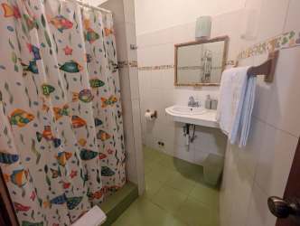 Compact Caribbean bathroom with shower curtain and green tiles in villa Palenque Panama