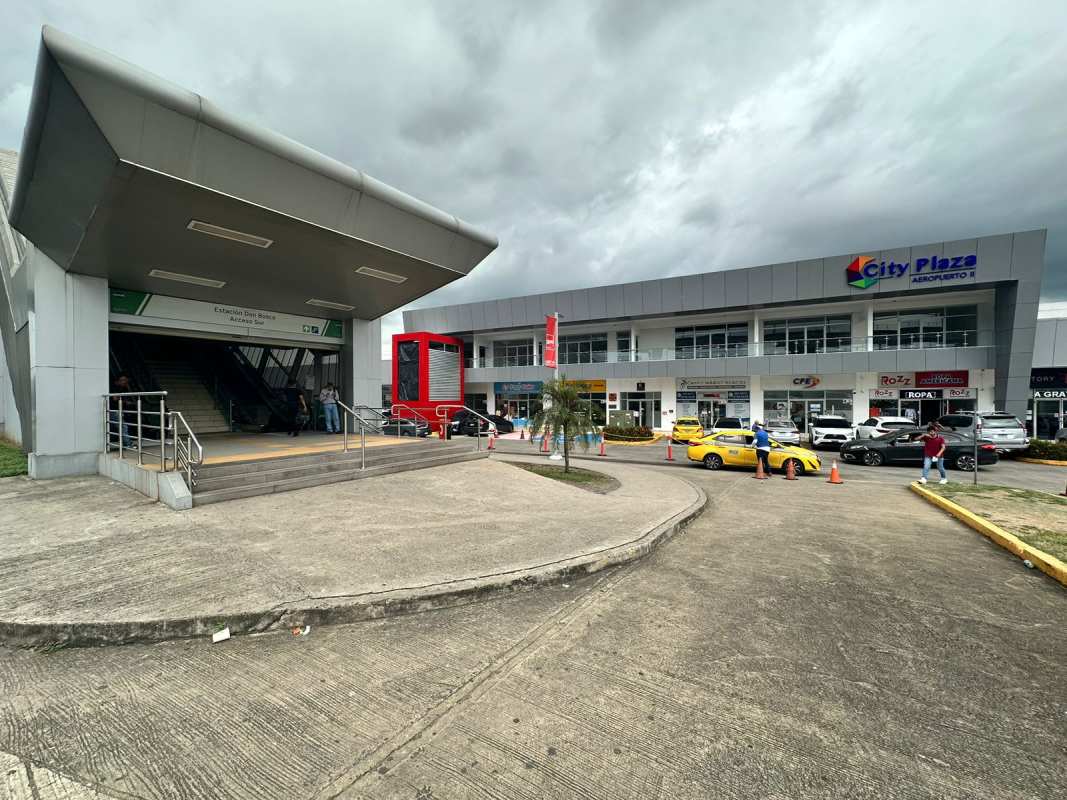 Exterior facade of shopping plaza by Metro station entrance in Don Bosco Panama City