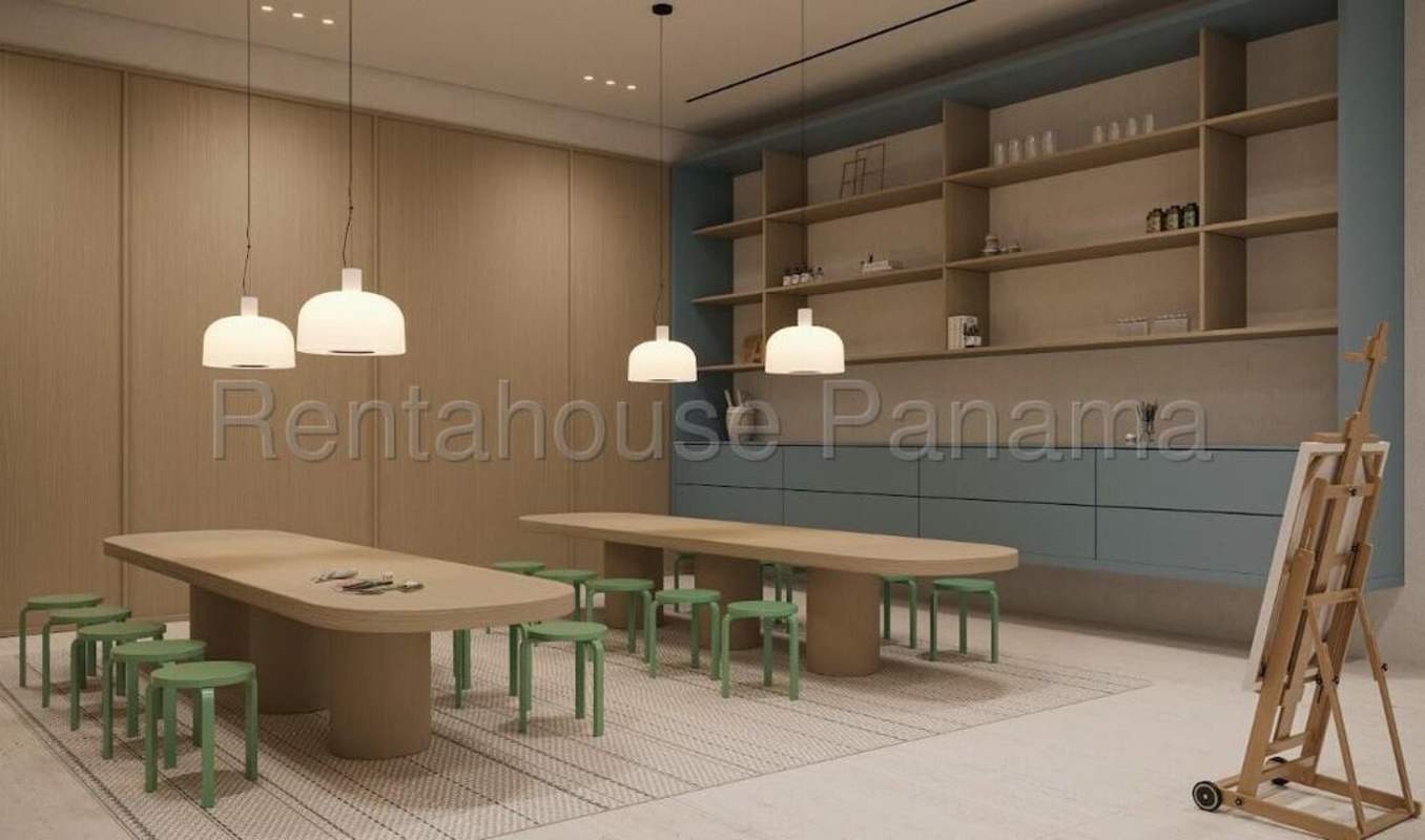 Creative coworking lounge and communal tables in MOVA condo Panama