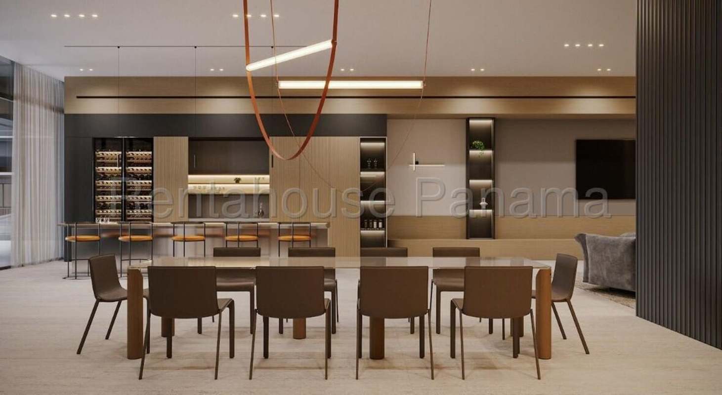 Open plan kitchen dining area with wine fridge MOVA Condo Obarrio Panama