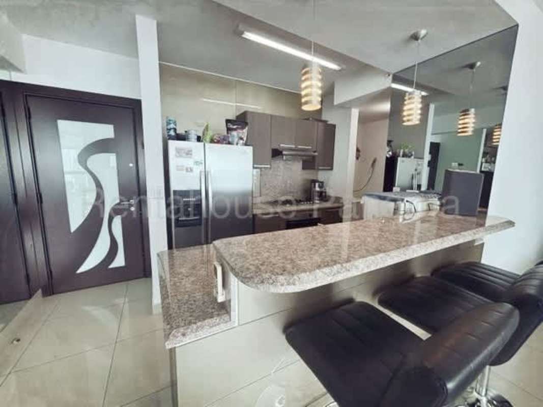 Bright living room in furnished apartment Costa del Este Panama skyline