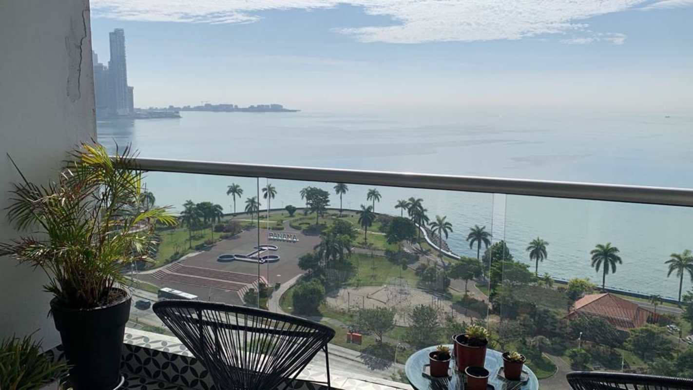 Balcony panoramic ocean skyline view PH Rivage Tower Panama City