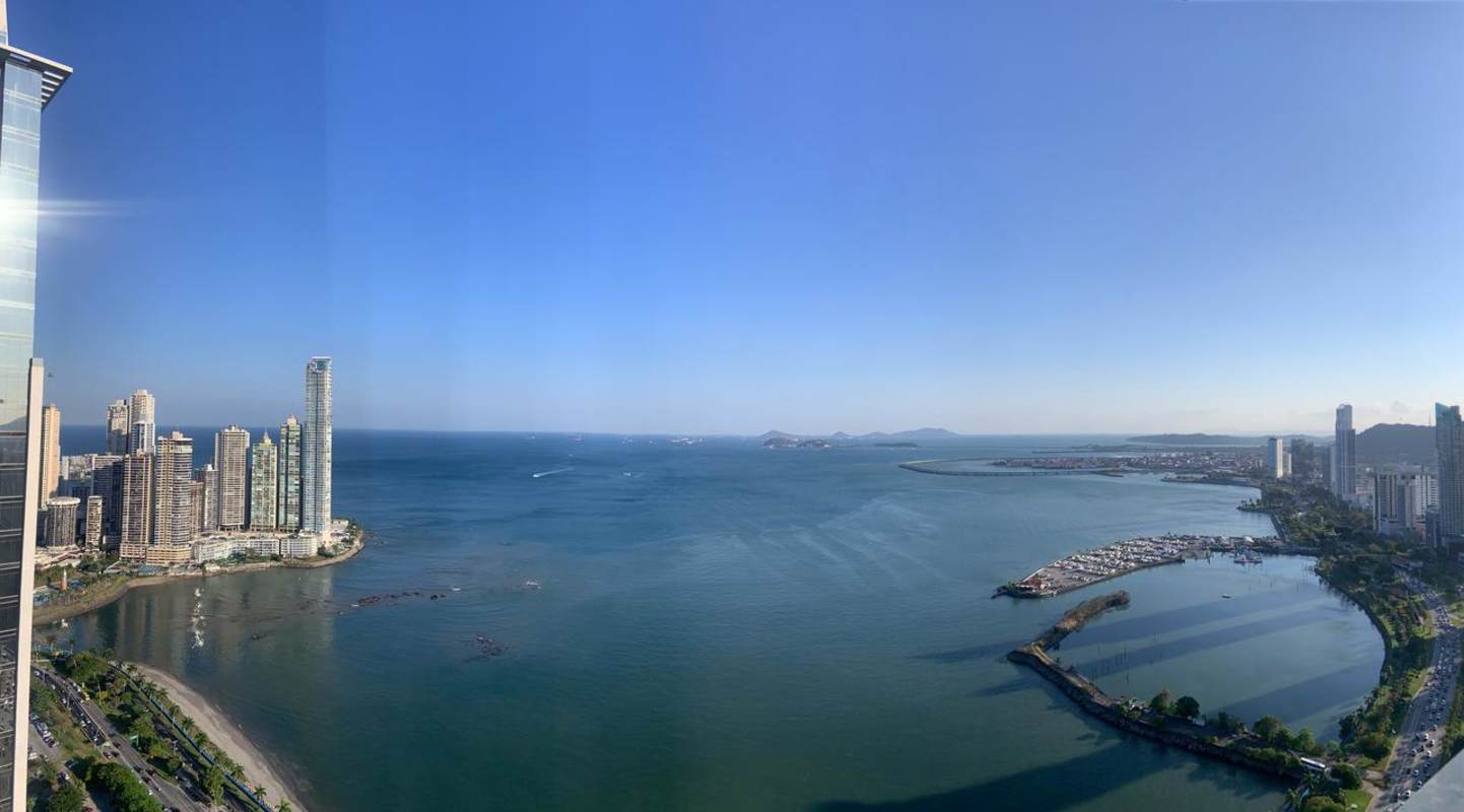 Panoramic aerial ocean marina skyline view near PH YOO Panama Avenida Balboa