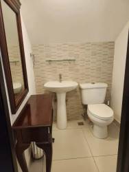 Compact guest half-bathroom with pedestal sink mirror and decor in Woodlands Panama