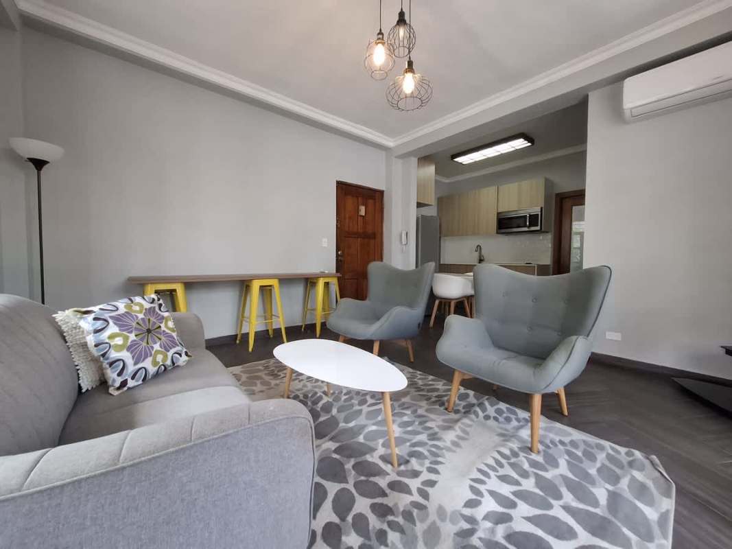 Modern kitchen fully equipped appliances ceramic tile Marbella apartment for rent Panama