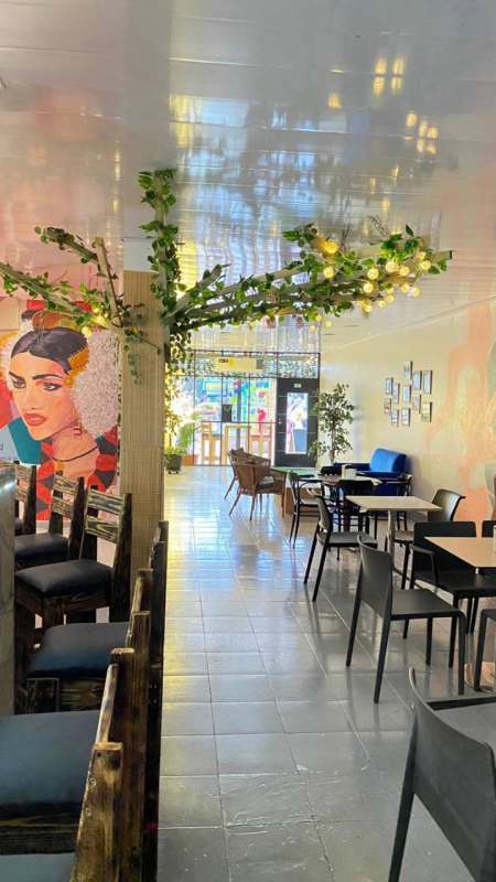 Glass door lobby with decorative tree and colonial character at Casco Viejo commercial rental space Panama