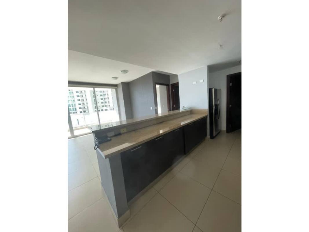 Large bedroom window with ocean and marina view in Ocean Park Tower rental Panama City